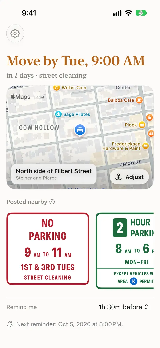 Scram home screen: Move by Tue, 9:00 AM, in 2 days, street cleaning. A map of Cow Hollow shows the car on the north side of Filbert Street, between Steiner and Pierce, above the posted signs: no parking 9 to 11 AM, 1st and 3rd Tuesdays, street cleaning; and 2-hour parking 8 AM to 6 PM, Monday to Friday, except area K permits.